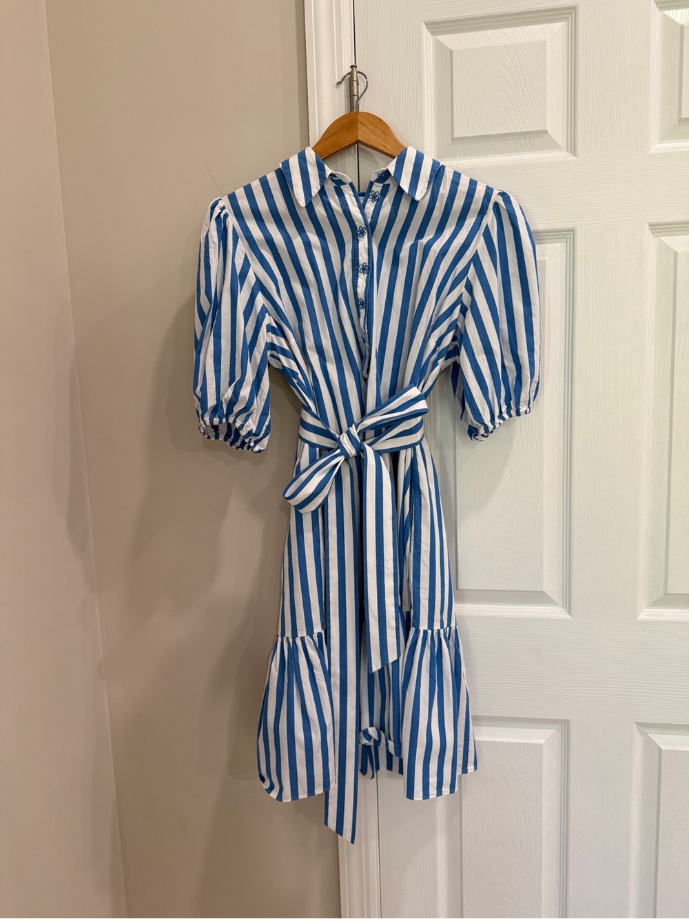 kate spade Blue and White Vertical Stripe Tie-Waist Midi Dress